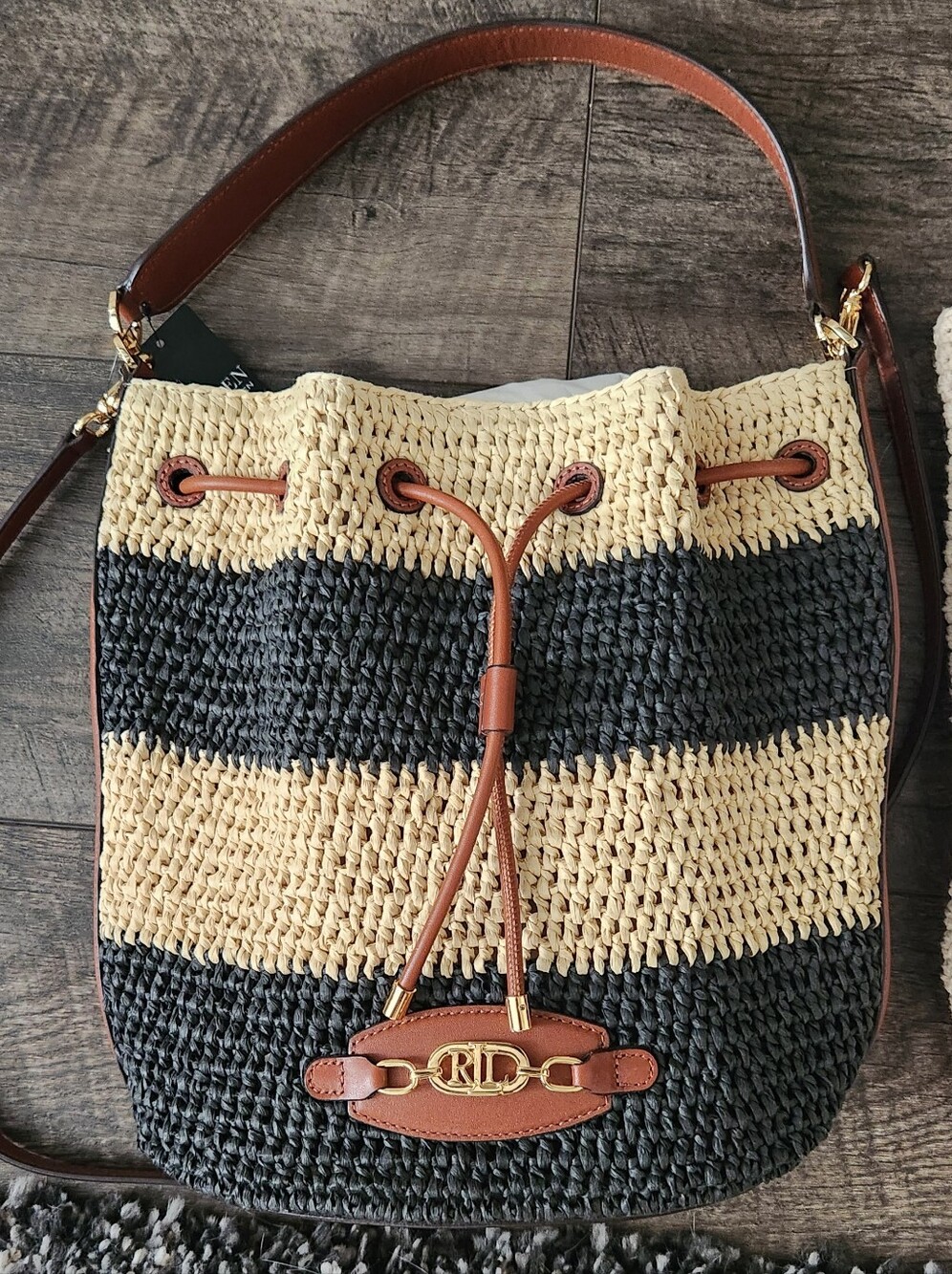 Lauren Ralph Lauren Raffia Straw Large Striped Andie Drawstring Shoulder Bag - Picture 2 of 9